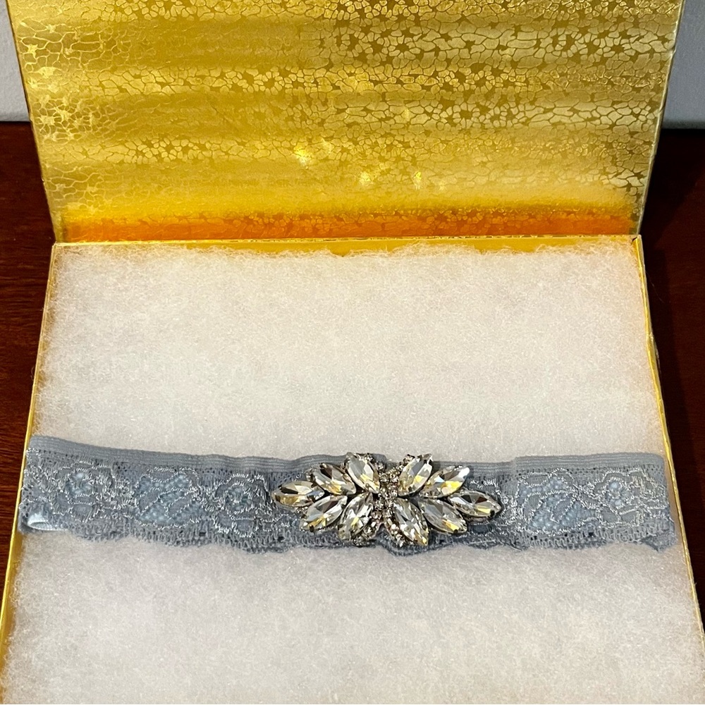 Handmade Wedding Bridal Garter | Dusty Blue / Sage w Silver Crystals | 16.25”